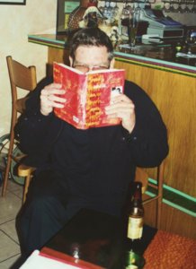 Montfort looking at Fante bio at Havana on Sunset in LA2.JPG